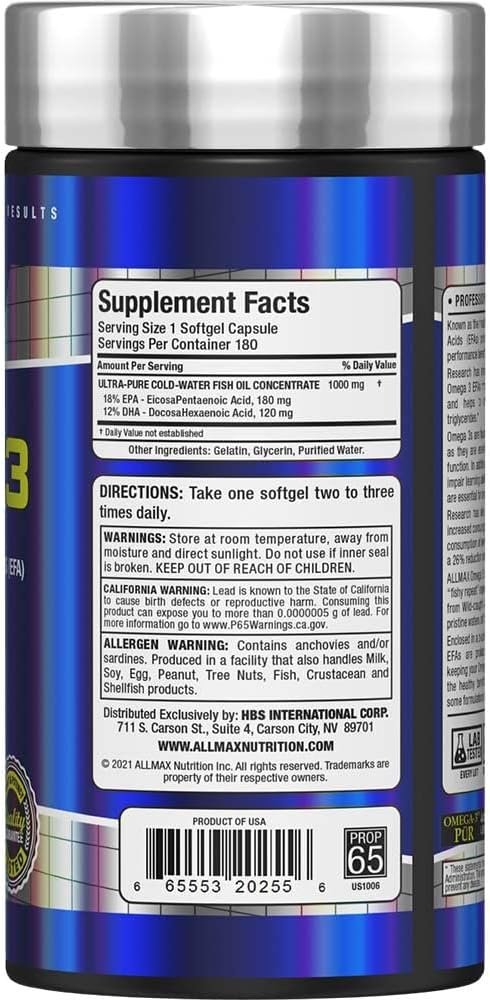 ALLMAX Nutrition Omega 3, Ultra Pure Cold Water Fish Oil Concentrate, 180 Softgels - Image 4